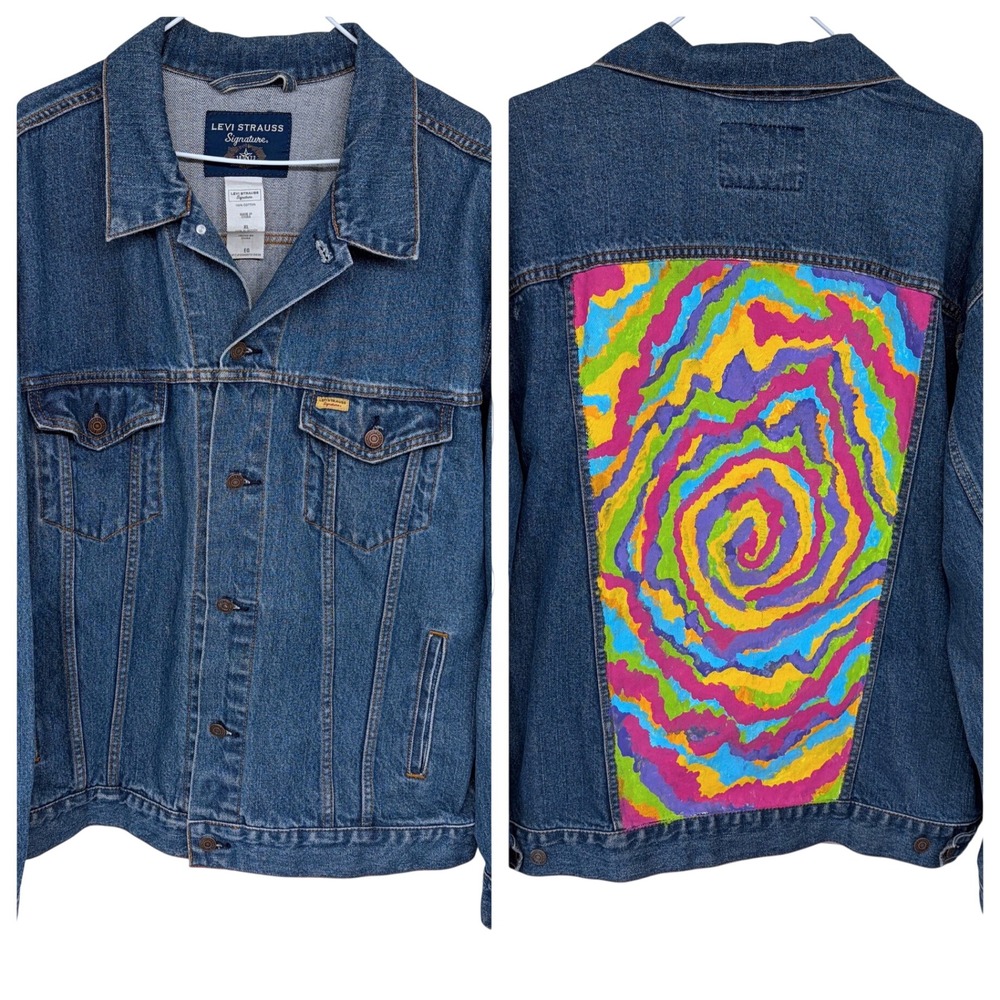 Mens Levi Strauss Denim Jean Jacket XL Blue‎ Hand Painted Psychedelic Colorful